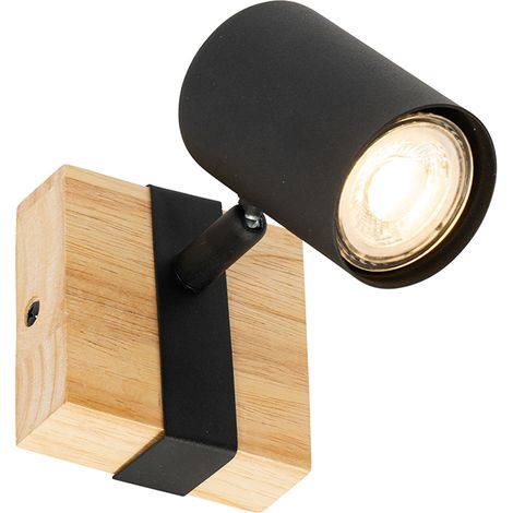Moderner Spot in Schwarz mit Holz, verstellbar, quadratisch – Jeana