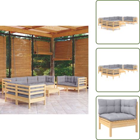 Salon de jardin 9 pcs avec coussins gris bois de pin massif - Salon De Jardin - Mobilier De Jardin - Ensemble Salon De Patio - Meubles De Jardin - Bois De Pin (1/5)