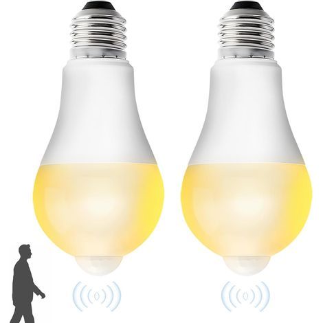 2er-Pack LED-Lampen, E27-Fassung mit Bewegungsmelder, warmweiß (3000 K), PIR-Sensor, 220 V, 9 W, Dämmerungssensor für Flur, Treppenhaus, Garage, energiesparend (1/5)