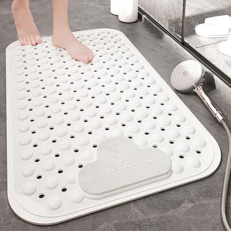 Tapis de Douche Antidérapant 90x60cm,Tapis Antidérapant Douche avec Ventouses et Trous de Drainage,Matériau TPE,Lavable en Machine,Blanc