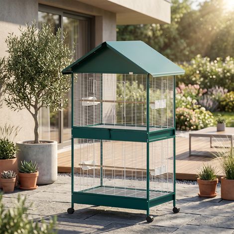 Cage à oiseaux sur roulettes avec séparateur amovible, 4 mangeoires et 2 perchoirs, 2 plateaux coulissants, 94x70x158cm (1/5)