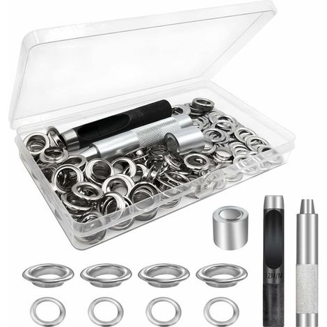 Trousse À Œillets Outils, Ensembles Oeillets 100 Set, Oeillets Pour Baches, Kit De Grommets Eyelets, Pour Toile Bâche Tente De Réparation Argent 12mm(Diamètre Intérieur)