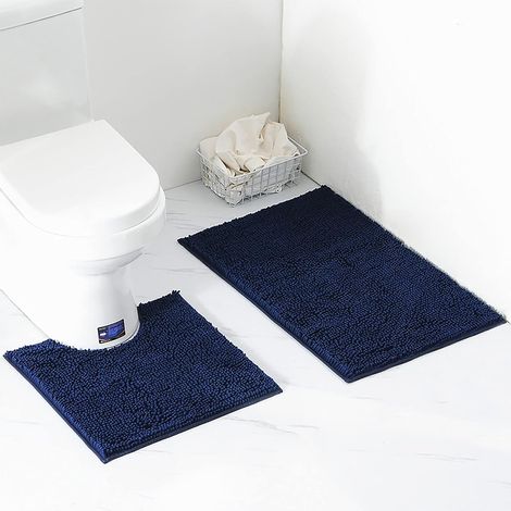 Two-piece bathroom/toilet mat set, made of thickened chenille material, soft, absorbent, non-slip, machine washable (navy blue).