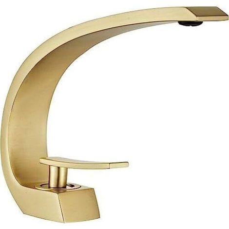 Mitigeur de lavabo pour salle de bain doré brossé, Robinet de Lavabo cascade, Robinet Mitigeur Lavabo Monotrou en Laiton, Moderne Robinet Salle de Bain (1/4)