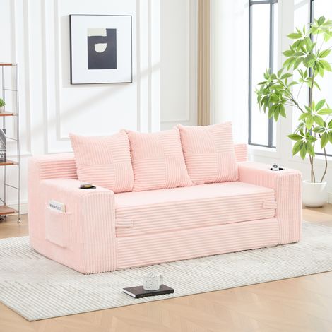 DESMIU Canapé Modulaire 2 Places au Sol, Coussins Séparables, Porte-Gobelets et Poches, en Velours Côtelé Rose (1/5)
