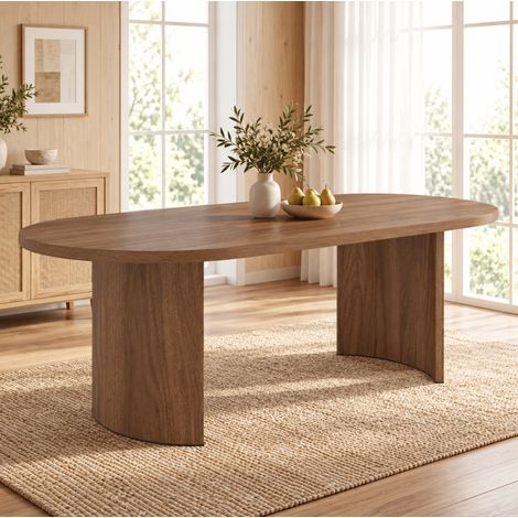 Tavolo da pranzo 8 posti con piano arrotondato e gambe curve 200x90 cm, in MDF color noce, con portata di 60 kg (1/5)
