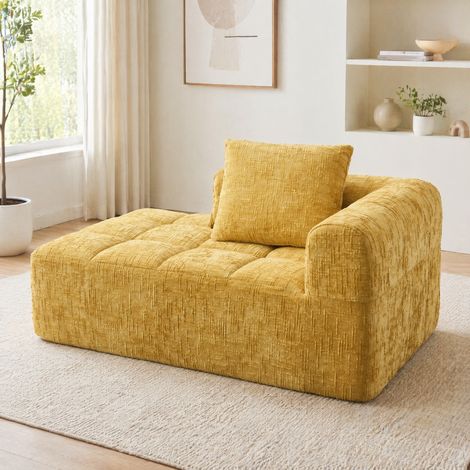 Sofá chaise longue 158/90/60 cm amarillo de chenilla con bolsillos laterales y cojín (1/5)