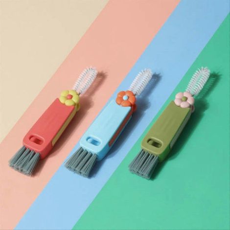 Brosse 3-en-1 pour bouchon de tasse, goulot et rainure - Nettoyant polyvalent pour biberons et gobelets, accessoire de lavage pratique, finition pétale, outil d'entretien quotidien (1/5)