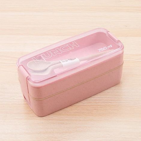 (Rose, 2 couches) Boîte bento en paille de blé naturelle, grande capacité, compatible lave-vaisselle et micro-ondes, livrée avec des couverts.