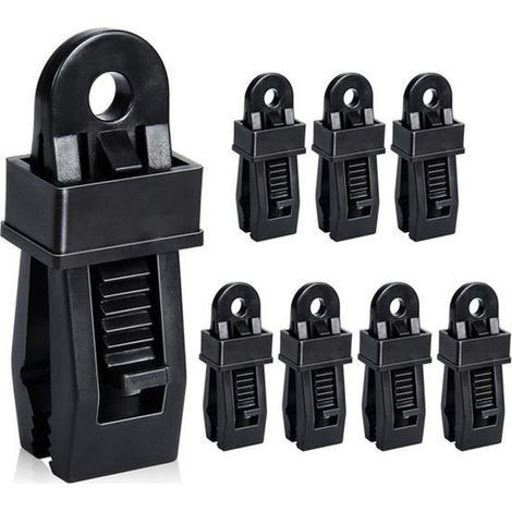 Pinces pour bâches : 8 pinces crocodiles multifonctionnelles pour bâches, auvents, piscines, matériel de camping, caravanes et housses de voiture, noires (1/5)