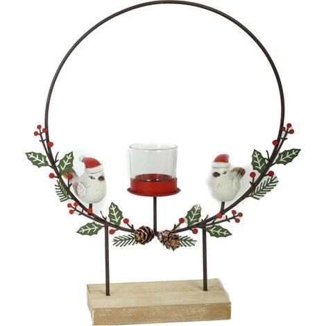 Portacandele metallo con uccellini rosso cm29x7h35