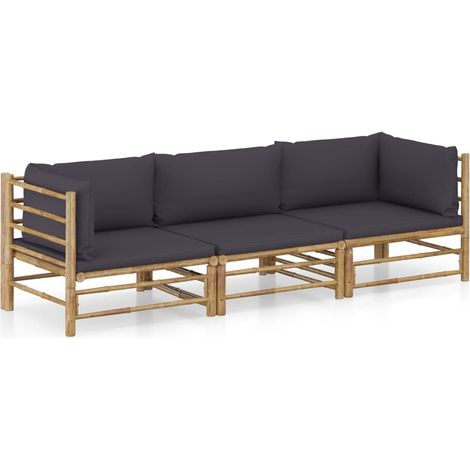 3-tlg. Garten-Lounge-Set mit Dunkelgrauen Kissen Bambus