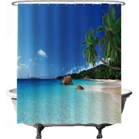 Shower curtain – beach, nature, sea, island, palm tree – 180 x 200 cm – Washable – Mildew-resistant – Waterproof – with 12 rings – Blue (1/4)