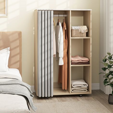 Armoire penderie vêtement dressing mobile 4 roulettes tringle à vêtements et étagères 80x40x128cm. effet bois naturel