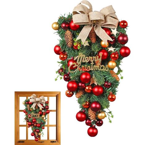Couronne de Noel, Verdure en Forme de Larme de Noël, couronnes de Noël pour Porte d'entrée, Guirlande d'arbre de Noël Artificielle à l'envers avec Boules, Cadeaux (1/5)