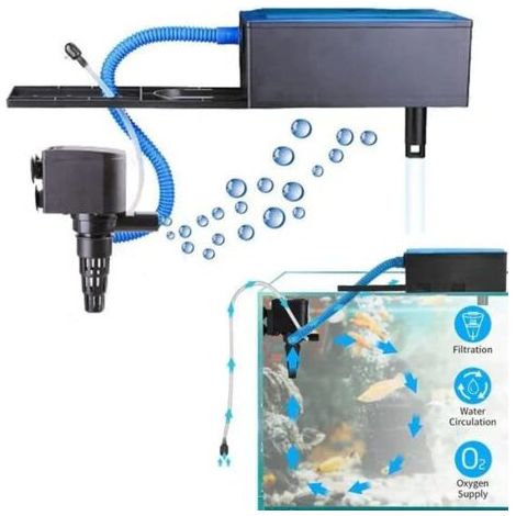 Système de filtration d'aquarium 3 en 1 : circulation silencieuse, alimentation en air, pompe submersible, filtre supérieur, bac de récupération, alimentation en air. (1/3)