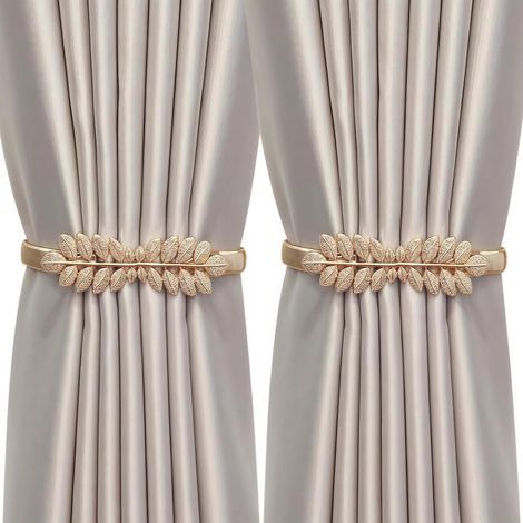 CCYKXA  Set of 2 Leaf-Shaped Curtain Tiebacks - Adjustable Clip with Spring Cord - for Home Decoration (Gold-1)