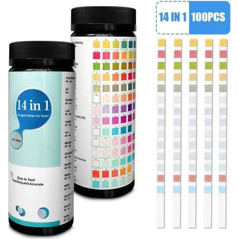 Bandelettes de test Ulisem 14 en 1, lot de 100, pour eau potable et eau du robinet. Détection rapide et facile de la dureté, du pH, du brome, des nitrates, etc. (1/4)