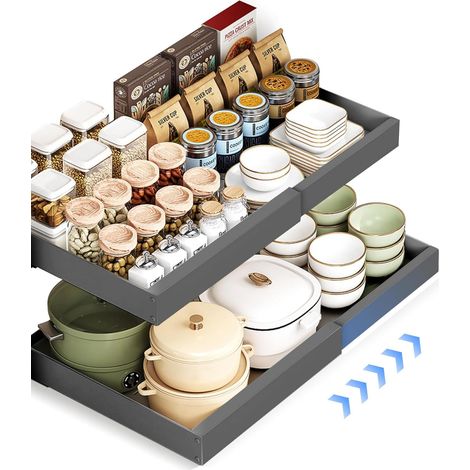 Lot de 2 organiseurs d'armoire extensibles - Tiroir télescopique pour équiper Pas perçage ni clouage nécessaire à tirer Largeur réglable la cuisine, salle bain, le salon Gris (1/5)