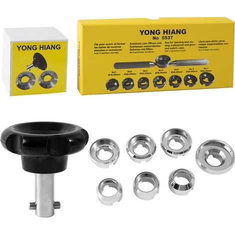 Watch case opener for 5537 watches with slotted screw base, 7-head watch case opener and battery changing tool for 5537-7, one handle and 7 heads.--DTEKGAZ