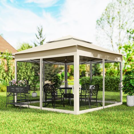 Gazebo da giardino pieghevole 3 x 3 m, struttura in metallo, poliestere impermeabile, resistente ai raggi UV, zanzariere, borsa per il trasporto, colore crema.