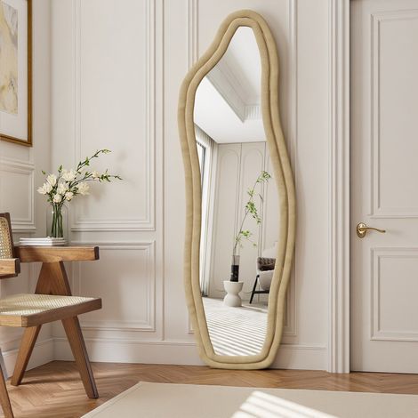Miroir Plein Corps, 140x45cm, Bordure Velours, Verre Trempé, Design Irrégulier Moderne, Sur Pied & Mural, Chambre Salon Entrée, Jaune (1/5)