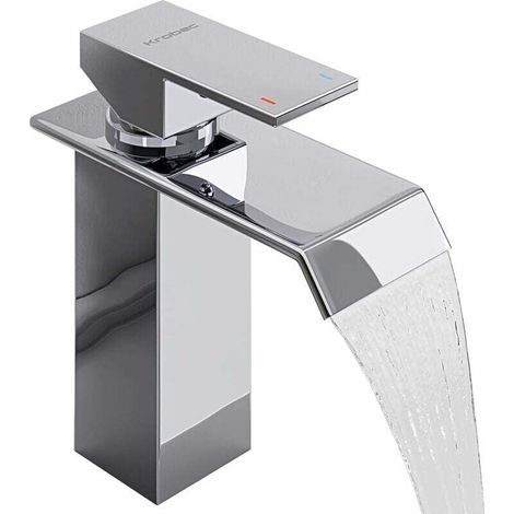 Einhebel-Waschtischarmatur mit Wasserfalleffekt, Warm- und Kaltwasser, modernes, hohes Design. Elegant und funktional.