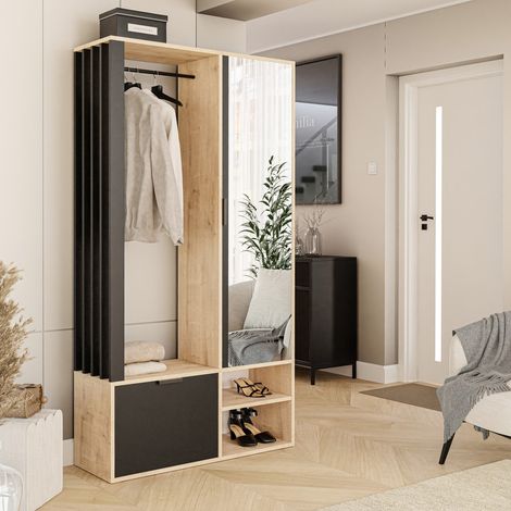 Vestiaire avec Miroir MILO - Porte-Manteau avec Meuble à Chaussures et Étagères - Artisan Chêne/Noir - 100 x 33 x 190 cm (1/5)