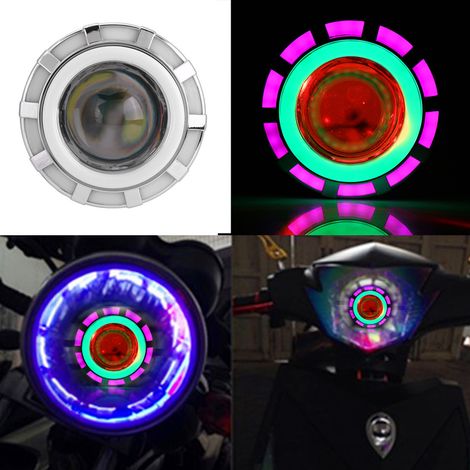 Nouvelle moto modifiée avec phare stroboscopique à LED à double lentille angel eye tricolore, rond (vert et rose).