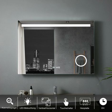 LISA Badspiegel mit Beleuchtung LED Badezimmerspiegel Wandspiegel mit Touch Beschlagfrei Dimmbar IP44, H:80x60cm mit Uhr+3-Fach Vergrößerung+Steckdose