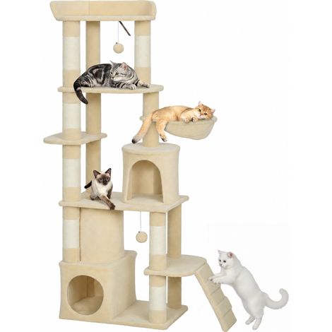 PawHut árbol rascador para gatos grande 170 cm, con 7 postes, 1 túnel, 3 plataformas, 2 cuevas, 1 hamaca, 1 percha, 1 rampa, pompones, beige