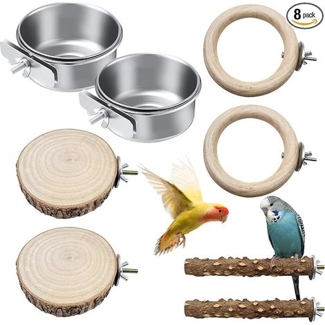 Lot de 8 perchoirs naturels pour oiseaux, gamelles en acier inoxydable à suspendre, planche de siège, cage à oiseaux, accessoires pour calopsittes, canaris, agapornides (1/5)