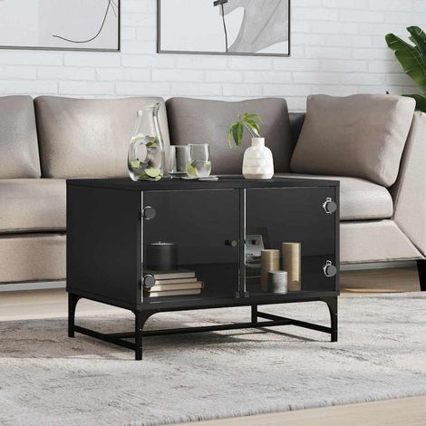 Table basse avec portes vitrées noires, rangement, bois d’ingénierie, 68,5 x 50 x 50 cm - PANGIVO (1/5)