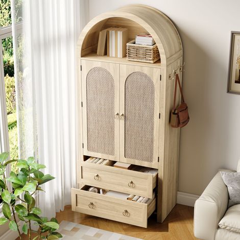Buffet haut 80x40x180 cm avec portes en rotin, 2 tiroirs, Étagère arche, crochets,rangementPour salon et chambre MDF-Couleur chêne (1/5)