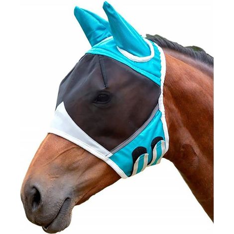 Masque anti-mouches en maille fine avec oreilles - Respirant - Anti-moustiques - Pour cheval - Bleu et blanc - Taille L-1PCS (1/5)