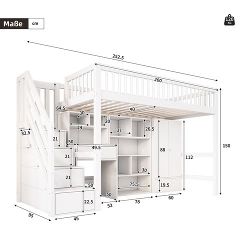 Lit simple enfant multifonctionnel avec bureau, échelle, rangements et placard, sans matelas, bois massif et MDF, blanc, dimensions 90x200 cm. (1/5)