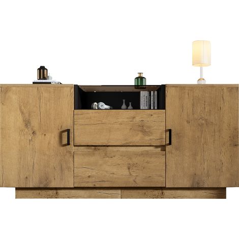 Commode buffet aspect chêne avec 2 tiroirs, 2 placards à étagères réglables et niche ouverte – Verre trempé ESG et poignées noires, dimensions : H70 × L140 × P40 cm