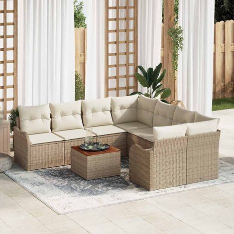 Gartensofa-set mit Kissen 9 pcs Beige Poly-Rattan