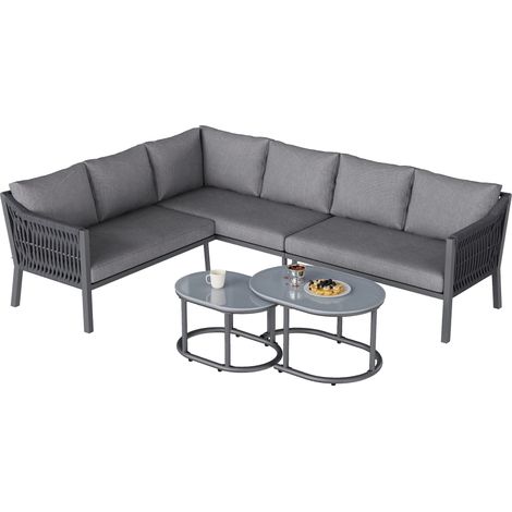 CAIziEnsemble repas de jardin, mobilier de jardin 6 personnes, configuration d’angle, fer galvanisé, plateau en verre, corde tressée à la main, comprend deux tables basses et un canapé, gris