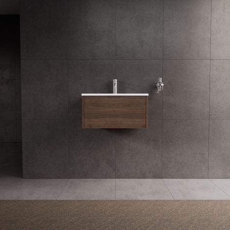 Inda - Badezimmerschrank 1 Schublade L.60 mit glänzendem Waschbecken / Braune Eiche - Diamante