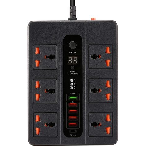 Multiprise universelle à 6 prises, PD20W et QC3.0, avec minuterie de 1 à 24 heures, noire (1/5)