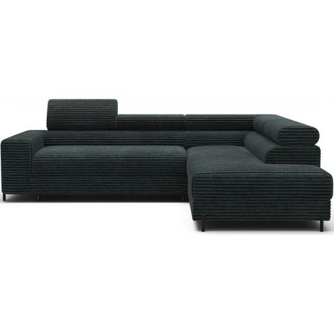 Sofá de esquina COLESIA convertible 5 plazas verde oscuro terciopelo acanalado – derecho – 274x200cm (1/5)
