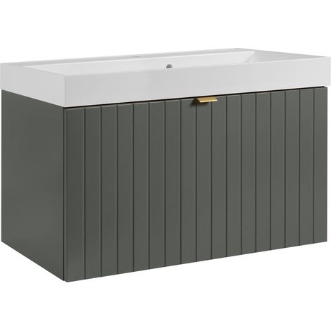 Meuble vasque suspendu HARMO 80 cm avec vasque encastrée en résine Façade rainuré vert (1/5)