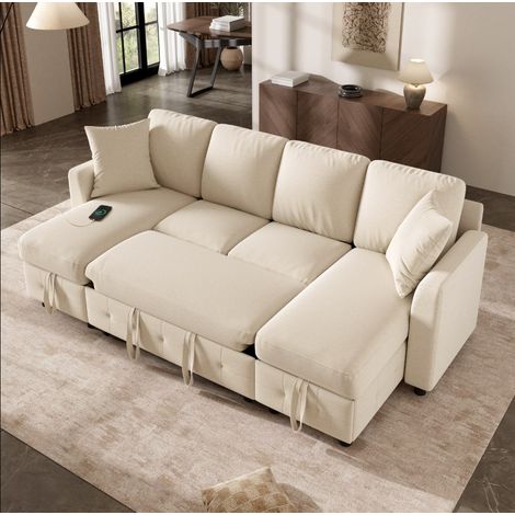 Canapé d’angle en U convertible en lit, 2 méridiennes avec rangement, ports USB et Type-C, 2 coussins inclus, beige, 260 cm (1/5)
