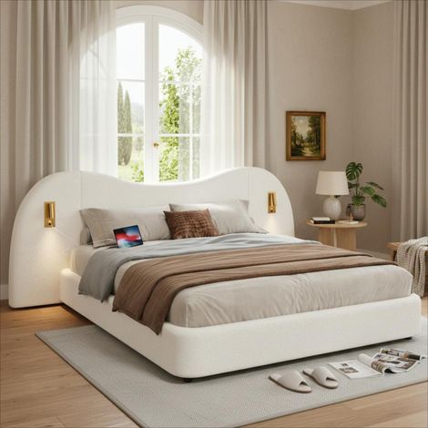 Lit double coffre 180x200 cm avec rangement hydraulique, lampe de lecture et USB, tête de lit rembourrée, tissu bouclé blanc (1/5)