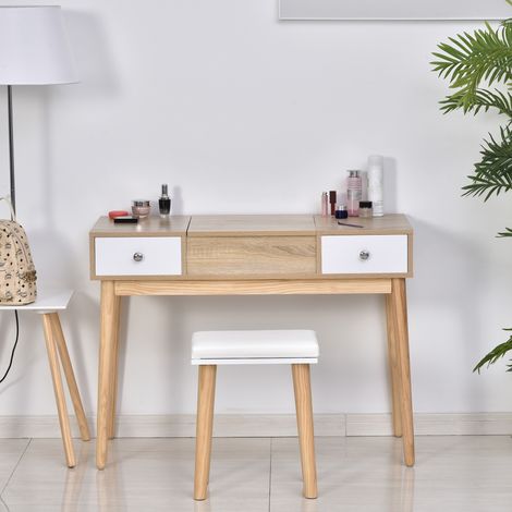 HOMCOM Schminktisch mit Klappspiegel, gepolstertem Hocker, weichem Kissen, Fächern und Schubladen, Beinen aus Massivholz, 100 x 45 x 118 cm, Naturfarbe