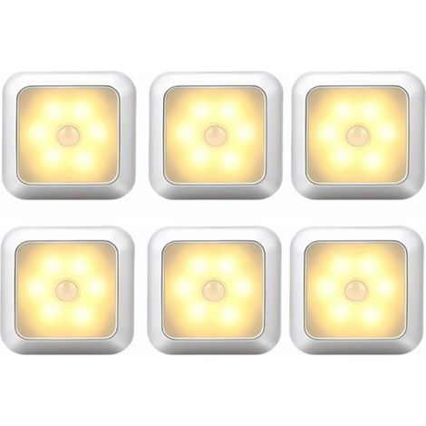 Lampe De Nuit LED - Capteur De Mouvement - Alimentation Sur Piles - Sans Fil - Pour Placards Et Escaliers - 80x80x20 mm - 6 Pièces