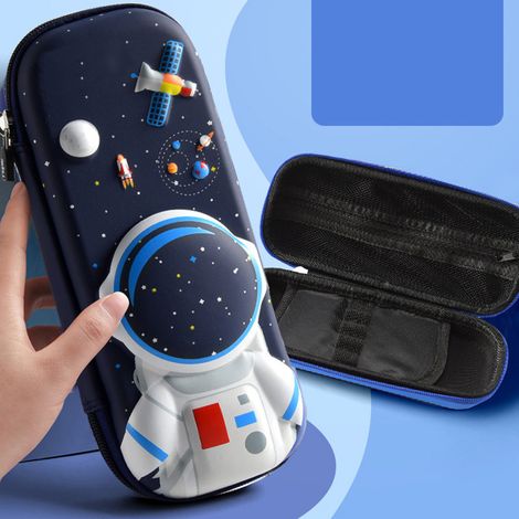 Grande trousse EVA 2 compartiments pour garçons et filles, motif astronaute bleu royal, capacité élevée en similicuir 3D, boîte à fournitures scolaires. (1/5)