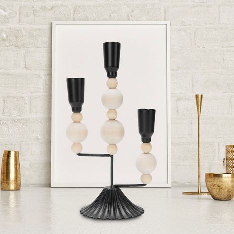 Portavelas rústico vintage – Portavelas negro de 3 brazos para decoración de mesa y repisa – Adorno elegante y antiguo hecho de hierro y madera (1/5)