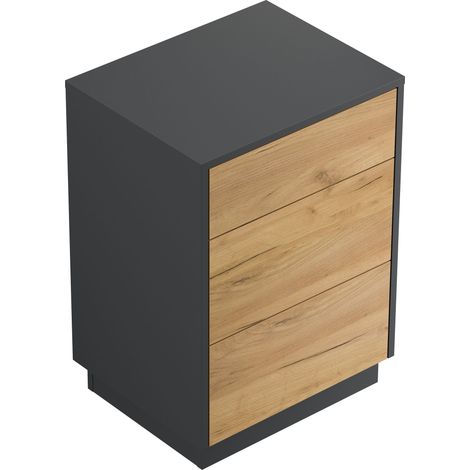 Design Nachttisch Lux M 50cm stehend, 3 Pushauszüge Grafit Eiche